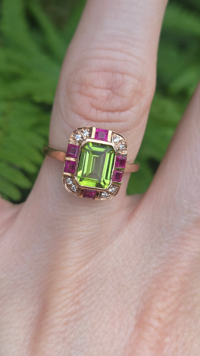 Vintage: 9ct Rose Gold Peridot, Ruby & Goshenite Art Deco Style Panel Ring