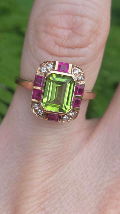 Vintage: 9ct Rose Gold Peridot, Ruby & Goshenite Art Deco Style Panel Ring