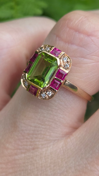 Vintage: 9ct Rose Gold Peridot, Ruby & Goshenite Art Deco Style Panel Ring