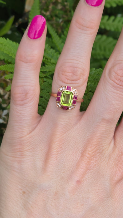 Vintage: 9ct Rose Gold Peridot, Ruby & Goshenite Art Deco Style Panel Ring