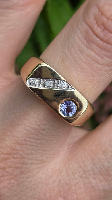 Vintage: 9ct Yellow Gold Tanzanite & Diamond Statement Signet Ring