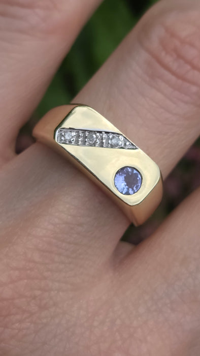 Vintage: 9ct Yellow Gold Tanzanite & Diamond Statement Signet Ring