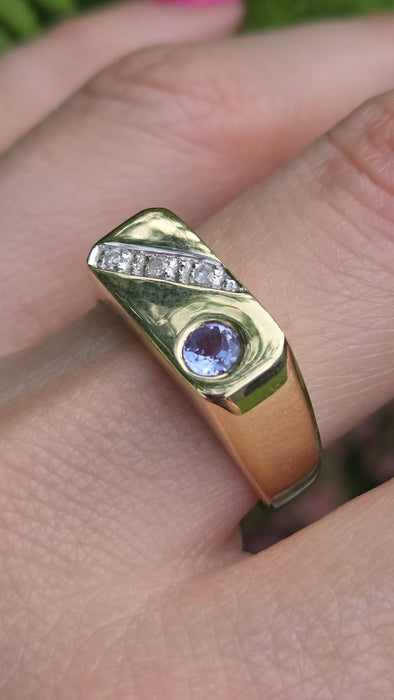 Vintage: 9ct Yellow Gold Tanzanite & Diamond Statement Signet Ring