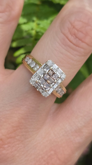 Vintage: 9ct Yellow Gold Cognac & White Diamond Cluster Ring — 1.24ct