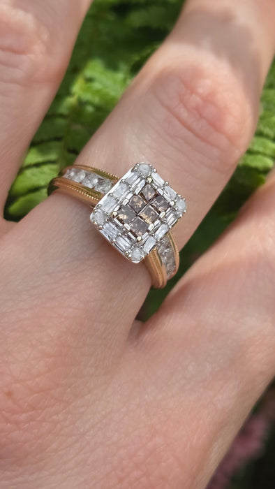 Vintage: 9ct Yellow Gold Cognac & White Diamond Cluster Ring — 1.24ct