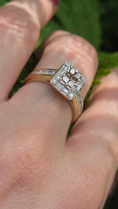 Vintage: 9ct Yellow Gold Cognac & White Diamond Cluster Ring — 1.24ct