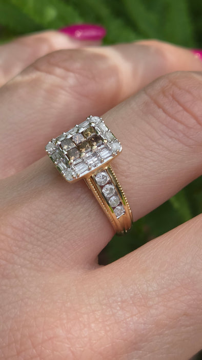Vintage: 9ct Yellow Gold Cognac & White Diamond Cluster Ring — 1.24ct