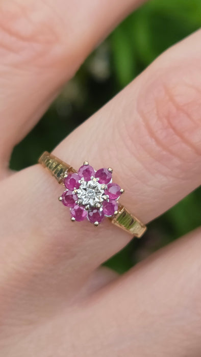 Vintage: 9ct Gold Ruby & Natural Diamond Flower Cluster Ring