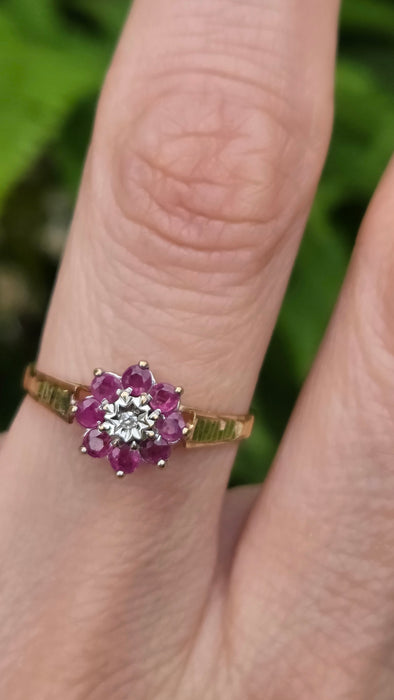 Vintage: 9ct Gold Ruby & Natural Diamond Flower Cluster Ring