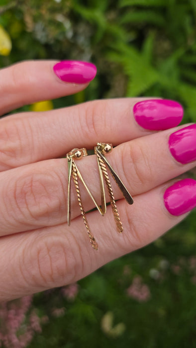 Vintage: 9ct Gold Twin Bar & Rope-Twist Drop Earrings