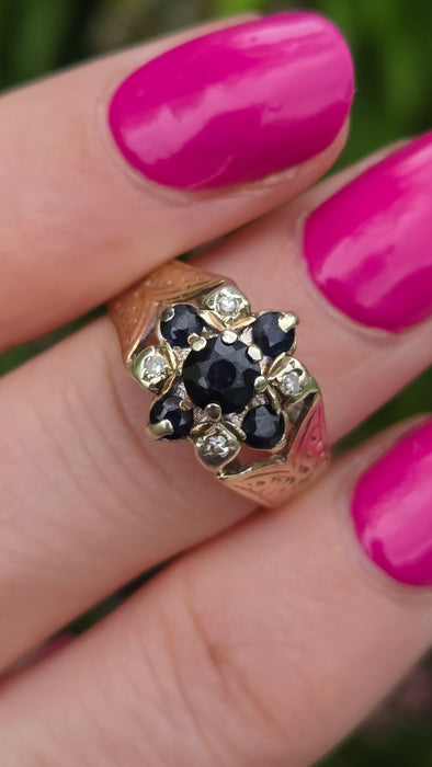 Vintage: 9ct Yellow Gold Sapphire & Diamond Cluster Ring — From 1977