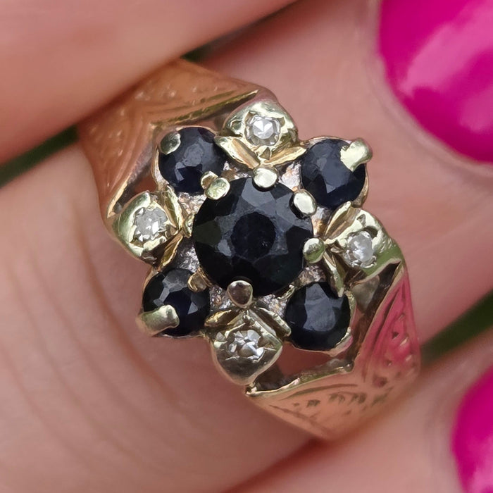 Vintage: 9ct Yellow Gold Sapphire & Diamond Cluster Ring — From 1977
