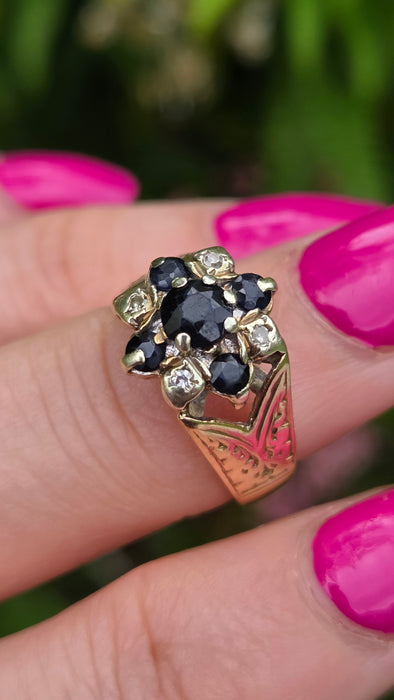 Vintage: 9ct Yellow Gold Sapphire & Diamond Cluster Ring — From 1977