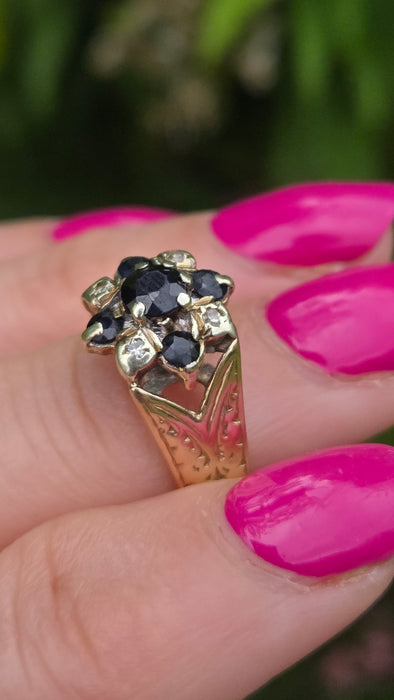 Vintage: 9ct Yellow Gold Sapphire & Diamond Cluster Ring — From 1977