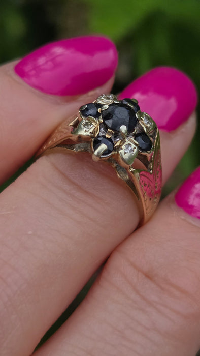 Vintage: 9ct Yellow Gold Sapphire & Diamond Cluster Ring — From 1977