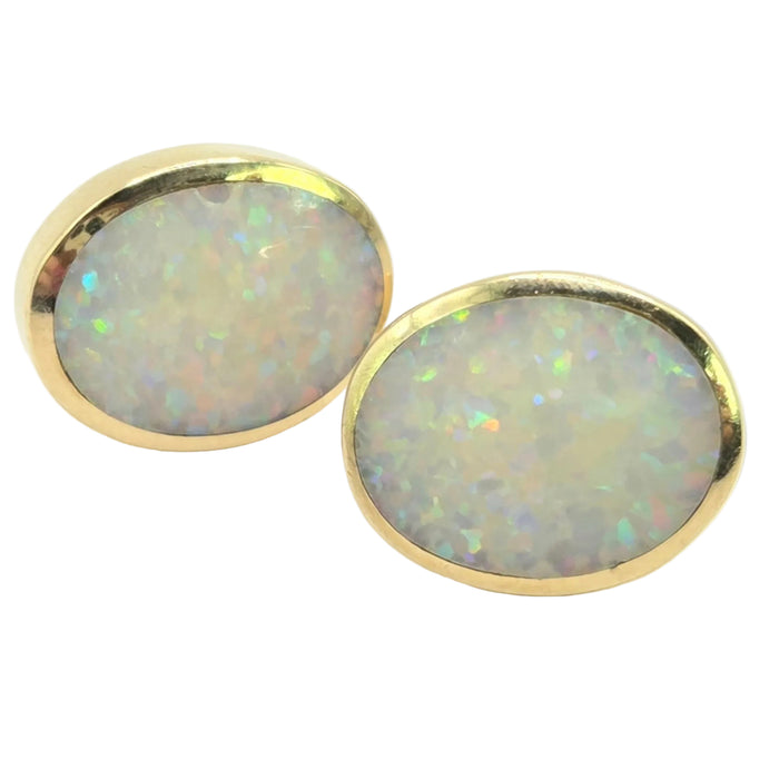 Vintage: 9ct Yellow Gold Oval Opal Cabochon Stud Earrings