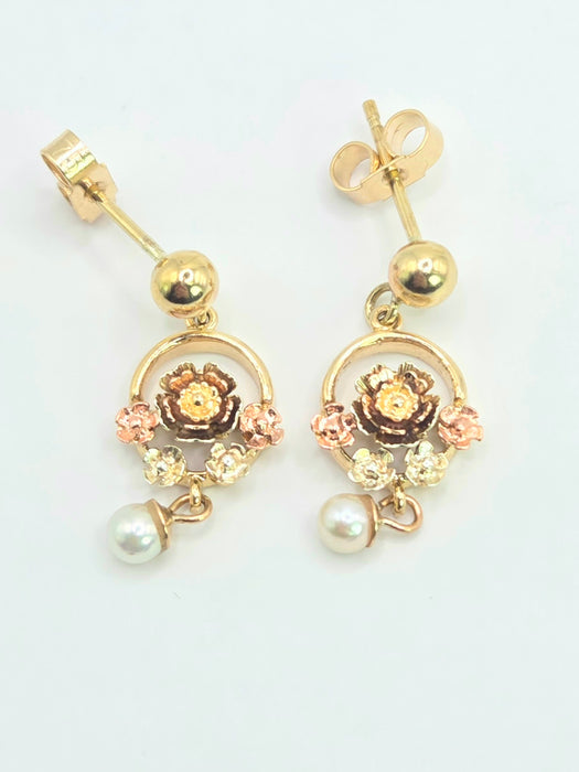 Vintage: 9ct Yellow & Rose Gold Tri-Colour Floral Pearl Drop Earrings — From 1996