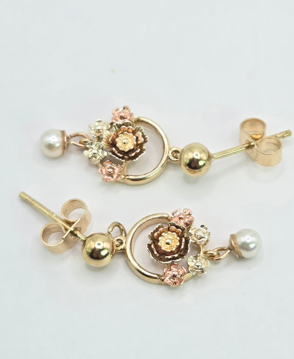 Vintage: 9ct Yellow & Rose Gold Tri-Colour Floral Pearl Drop Earrings — From 1996