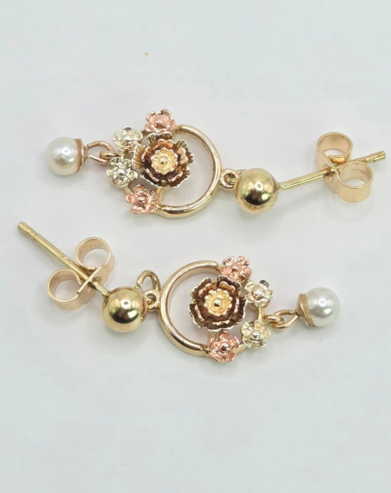 Vintage: 9ct Yellow & Rose Gold Tri-Colour Floral Pearl Drop Earrings — From 1996