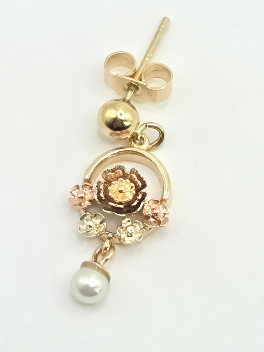 Vintage: 9ct Yellow & Rose Gold Tri-Colour Floral Pearl Drop Earrings — From 1996