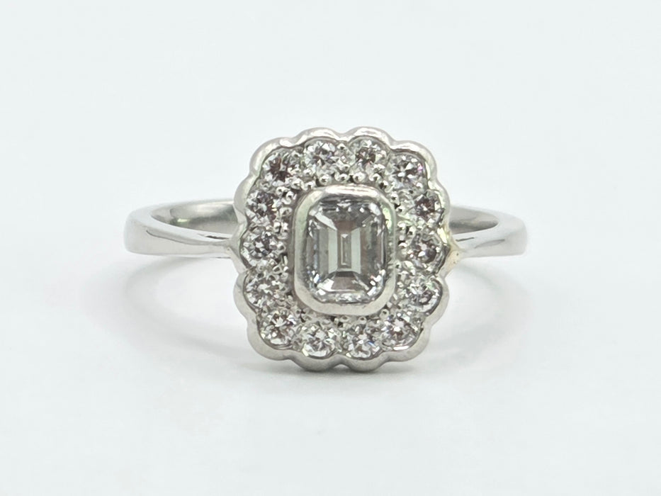 Vintage: Platinum 950 Art Deco Style Emerald Cut Diamond Cluster Ring — 0.87ct