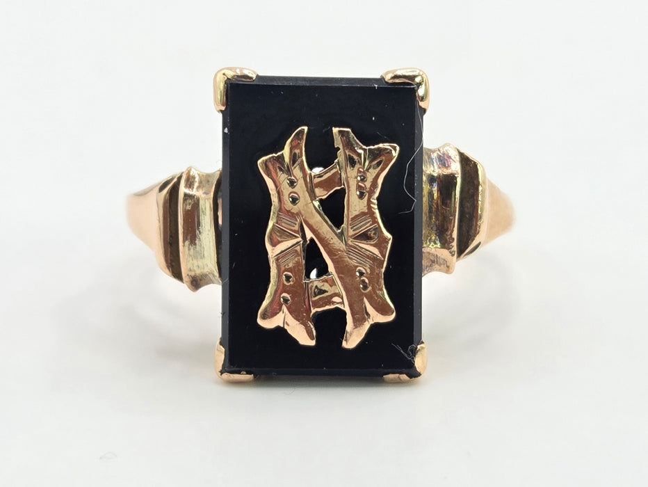 Antique: 9ct Yellow Gold Black Onyx Monogram Mourning Ring