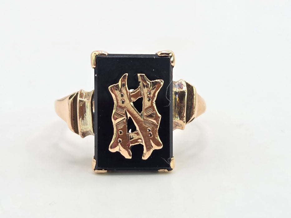 Antique: 9ct Yellow Gold Black Onyx Monogram Mourning Ring