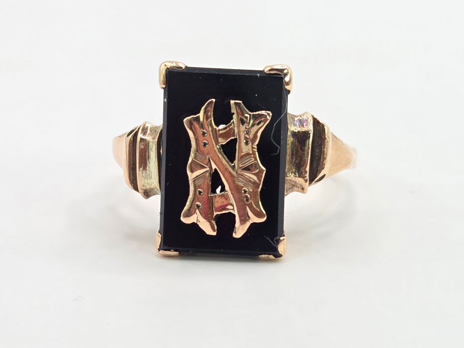 Antique: 9ct Yellow Gold Black Onyx Monogram Mourning Ring
