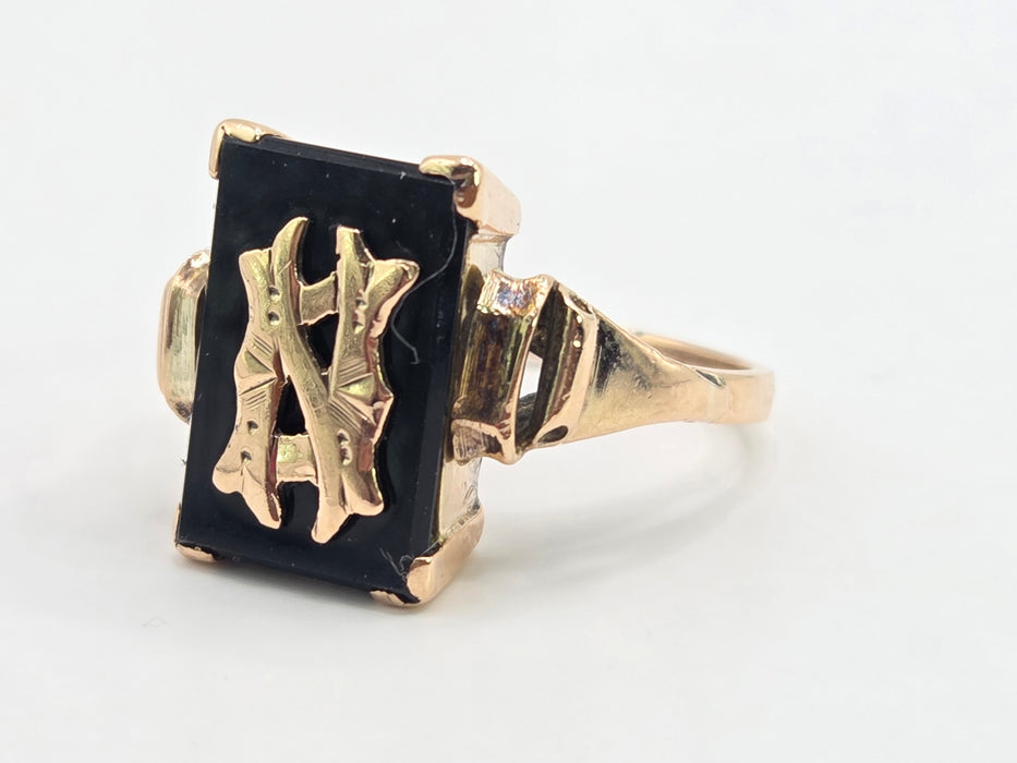 Antique: 9ct Yellow Gold Black Onyx Monogram Mourning Ring