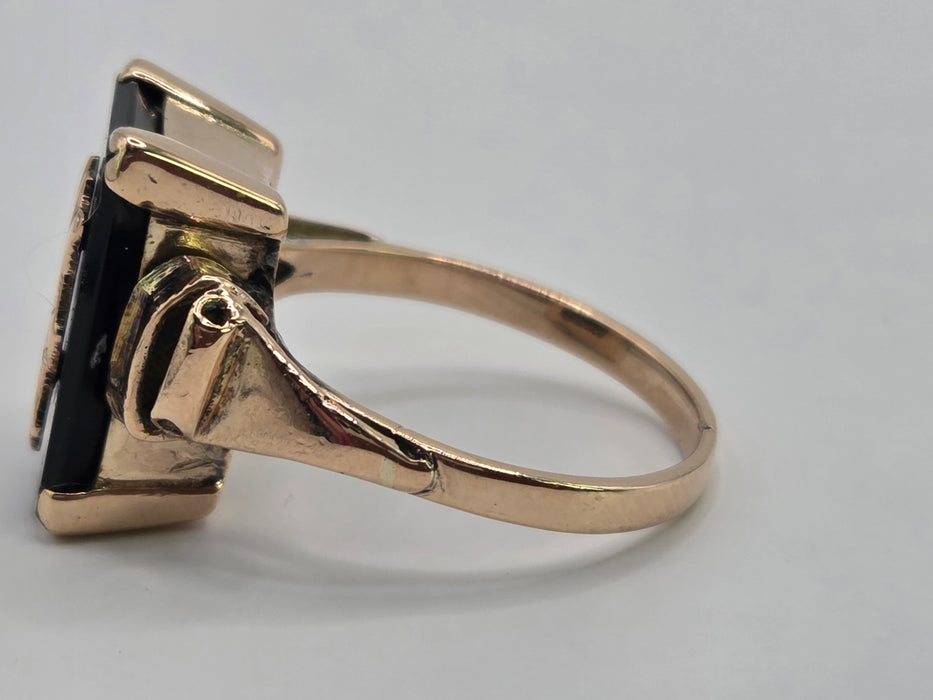 Antique: 9ct Yellow Gold Black Onyx Monogram Mourning Ring