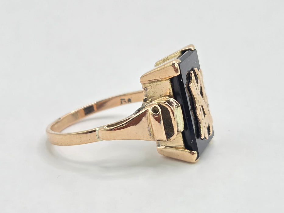 Antique: 9ct Yellow Gold Black Onyx Monogram Mourning Ring