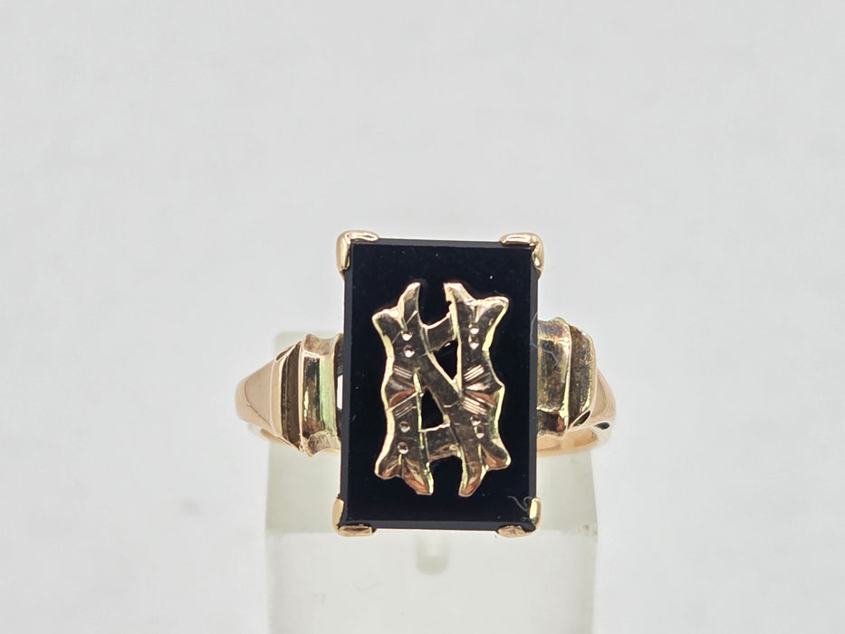 Antique: 9ct Yellow Gold Black Onyx Monogram Mourning Ring