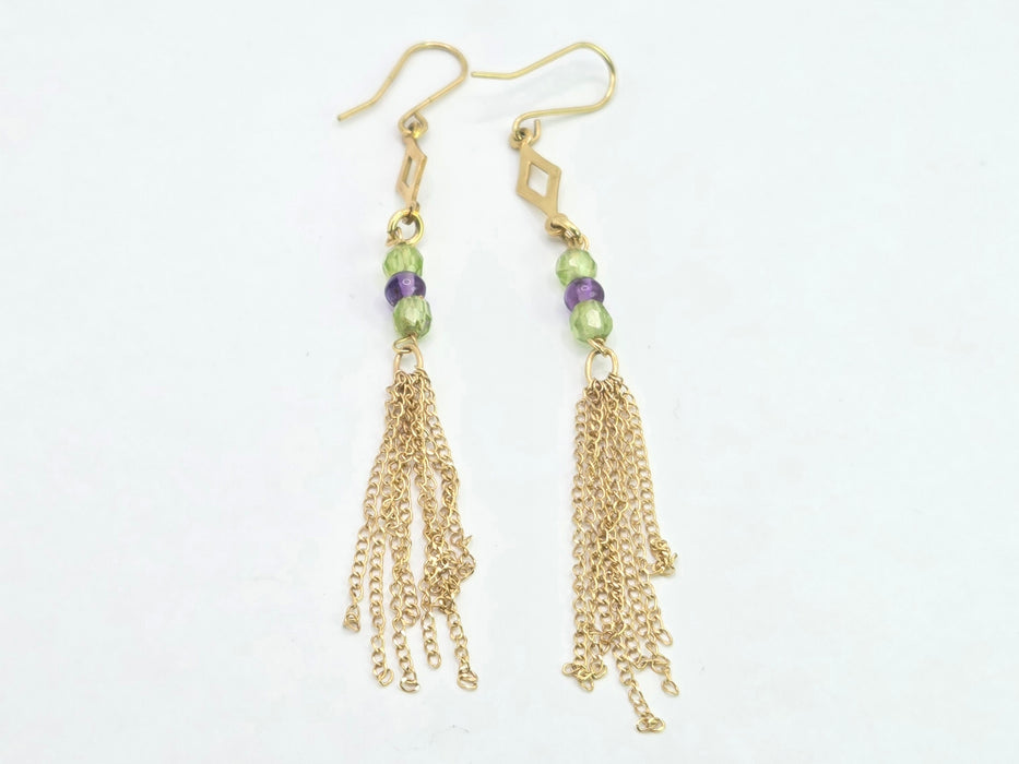 Vintage: 9ct Yellow Gold Peridot & Amethyst Tassel Drop Earrings