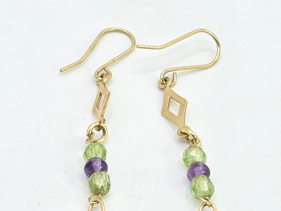 Vintage: 9ct Yellow Gold Peridot & Amethyst Tassel Drop Earrings