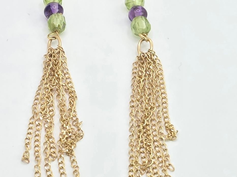Vintage: 9ct Yellow Gold Peridot & Amethyst Tassel Drop Earrings