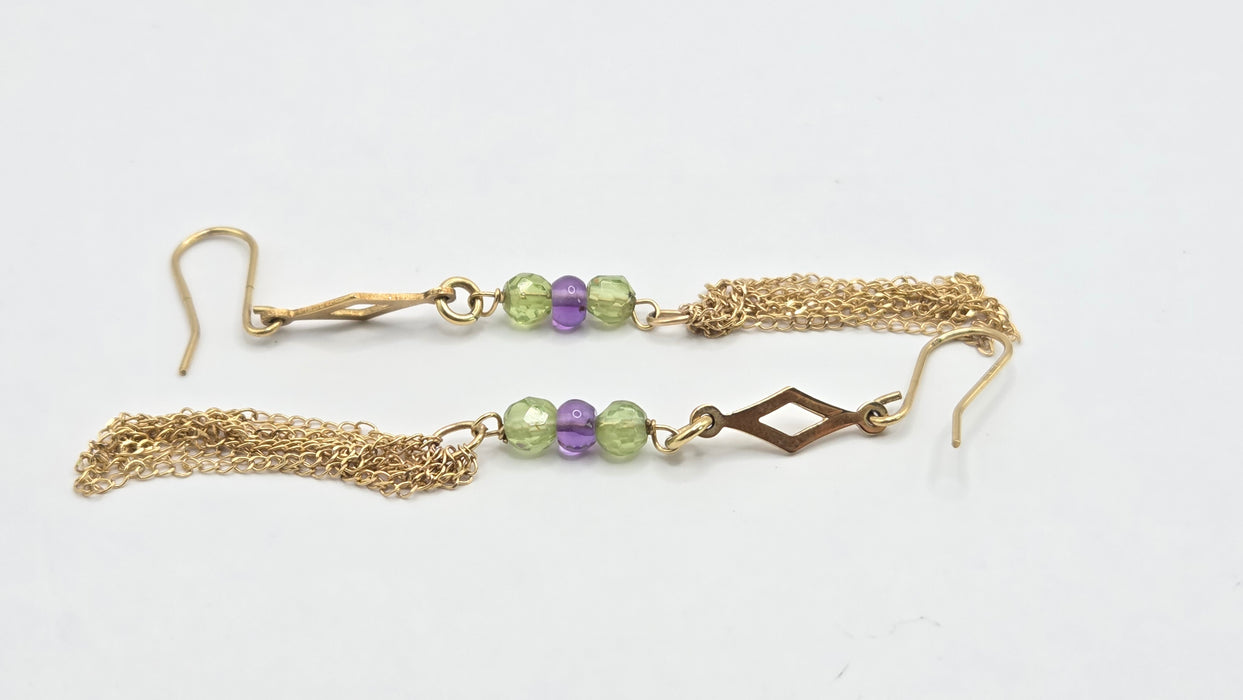 Vintage: 9ct Yellow Gold Peridot & Amethyst Tassel Drop Earrings