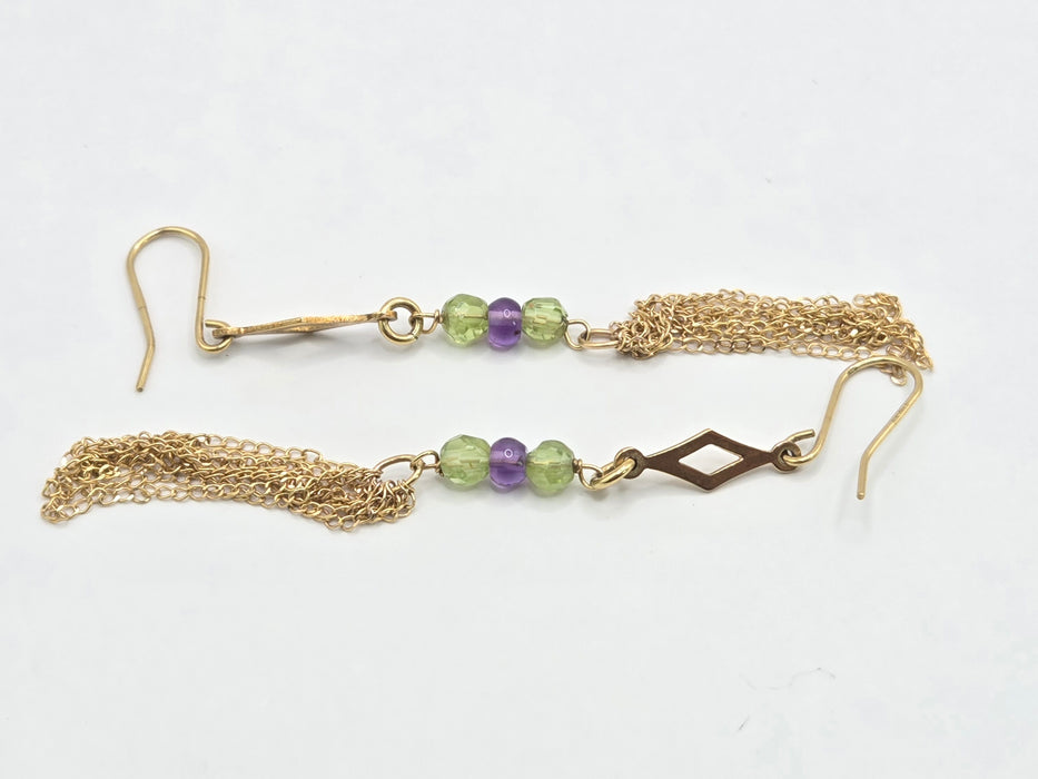 Vintage: 9ct Yellow Gold Peridot & Amethyst Tassel Drop Earrings