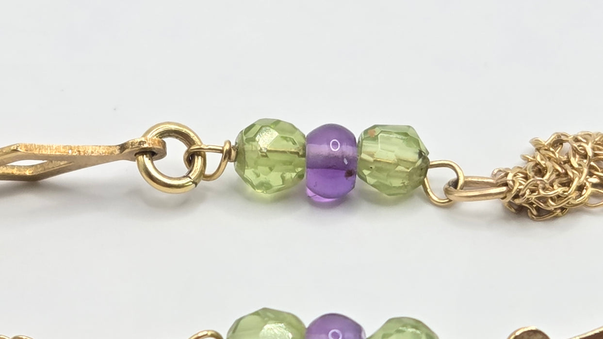 Vintage: 9ct Yellow Gold Peridot & Amethyst Tassel Drop Earrings