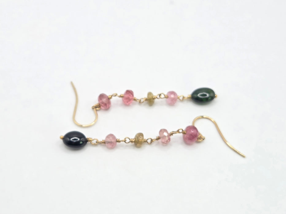 Vintage: 9ct Yellow Gold Jadeite, Morganite & Peridot Beaded Drop Earrings