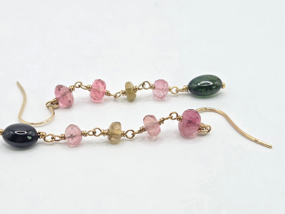Vintage: 9ct Yellow Gold Jadeite, Morganite & Peridot Beaded Drop Earrings