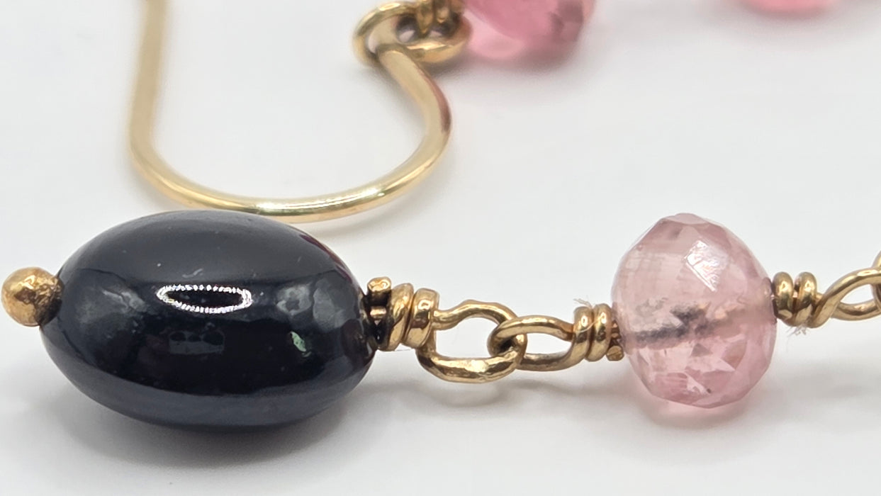 Vintage: 9ct Yellow Gold Jadeite, Morganite & Peridot Beaded Drop Earrings