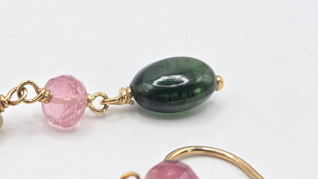 Vintage: 9ct Yellow Gold Jadeite, Morganite & Peridot Beaded Drop Earrings