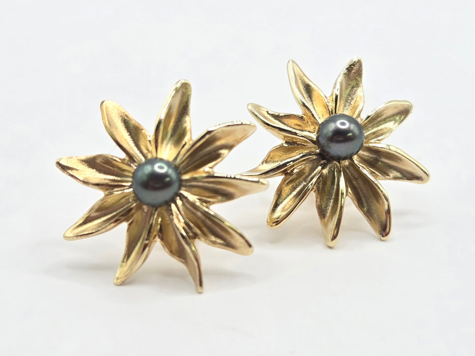 Vintage: 9ct Yellow Gold Tahitian Pearl Starburst Stud Earrings