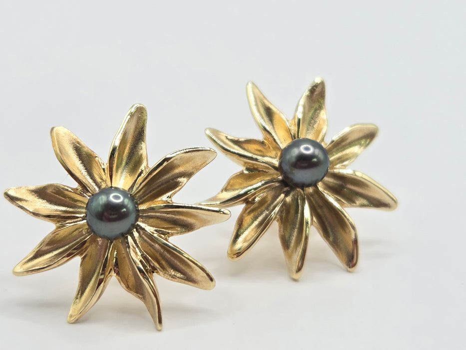 Vintage: 9ct Yellow Gold Tahitian Pearl Starburst Stud Earrings