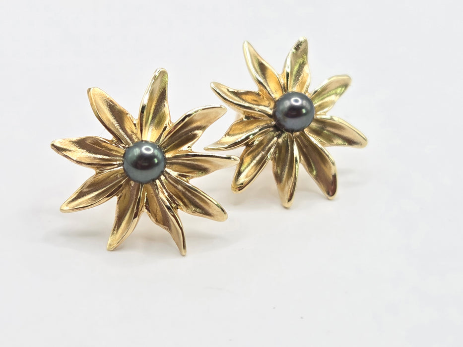 Vintage: 9ct Yellow Gold Tahitian Pearl Starburst Stud Earrings