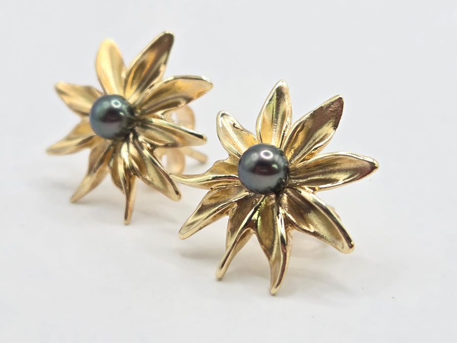 Vintage: 9ct Yellow Gold Tahitian Pearl Starburst Stud Earrings