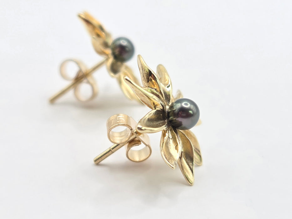 Vintage: 9ct Yellow Gold Tahitian Pearl Starburst Stud Earrings