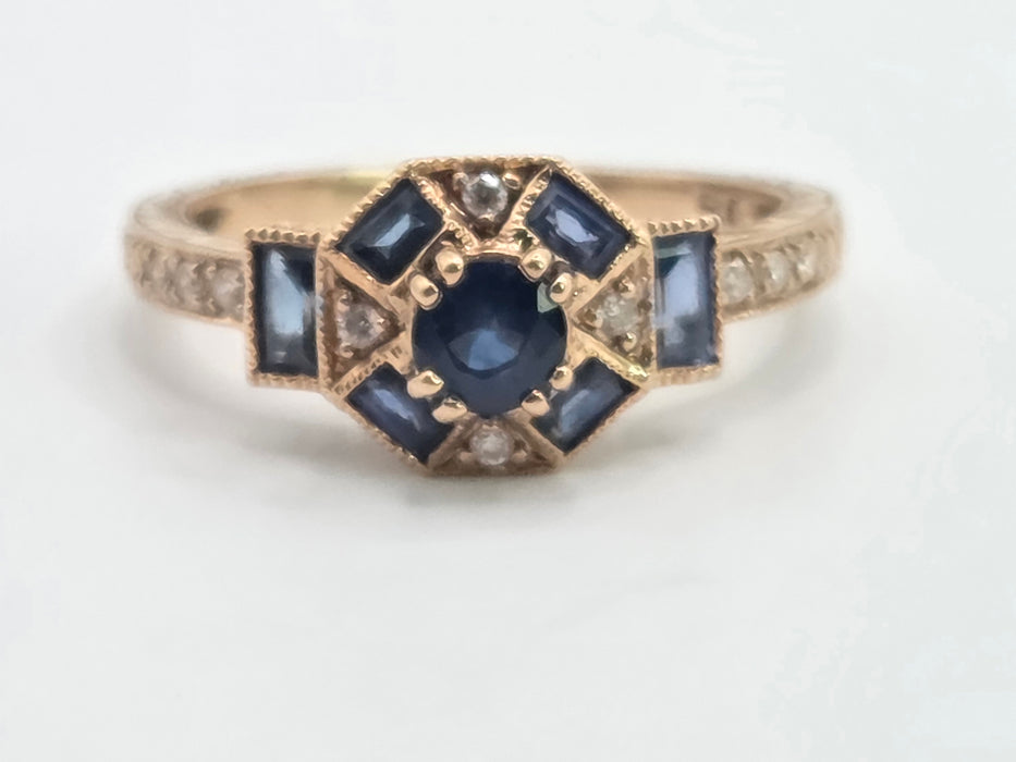 Vintage: 9ct Rose Gold Art Deco Style Sapphire & Goshenite Cluster Ring