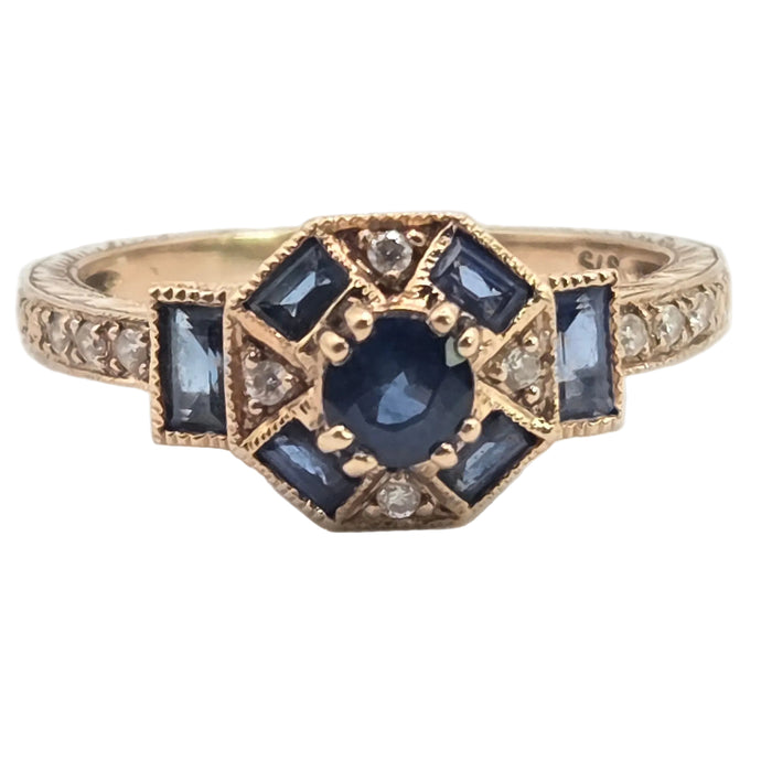 Vintage: 9ct Rose Gold Art Deco Style Sapphire & Goshenite Cluster Ring