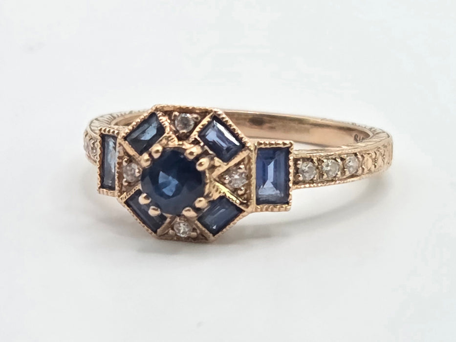 Vintage: 9ct Rose Gold Art Deco Style Sapphire & Goshenite Cluster Ring